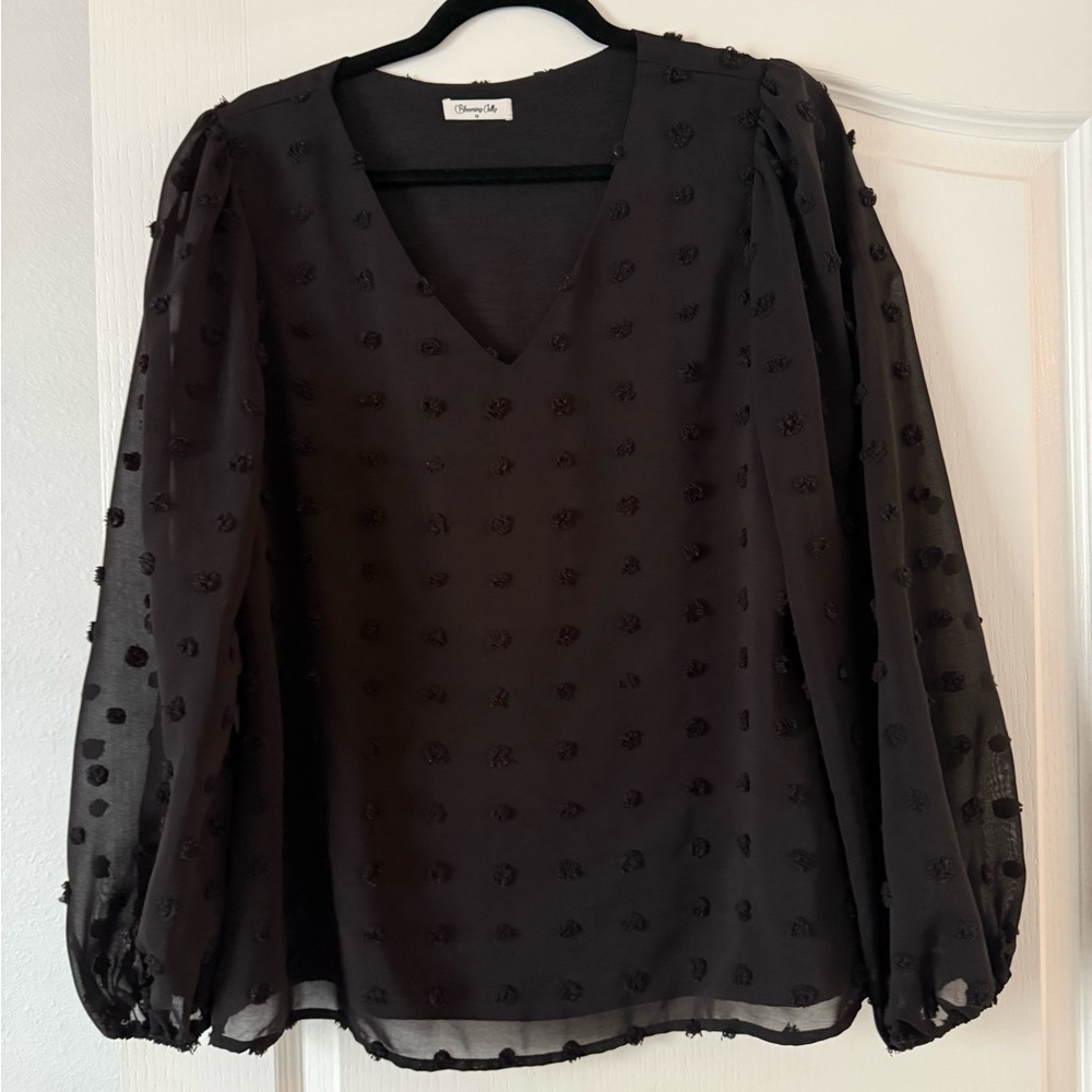 Chic Black Sheer Blouse with Textured Dots